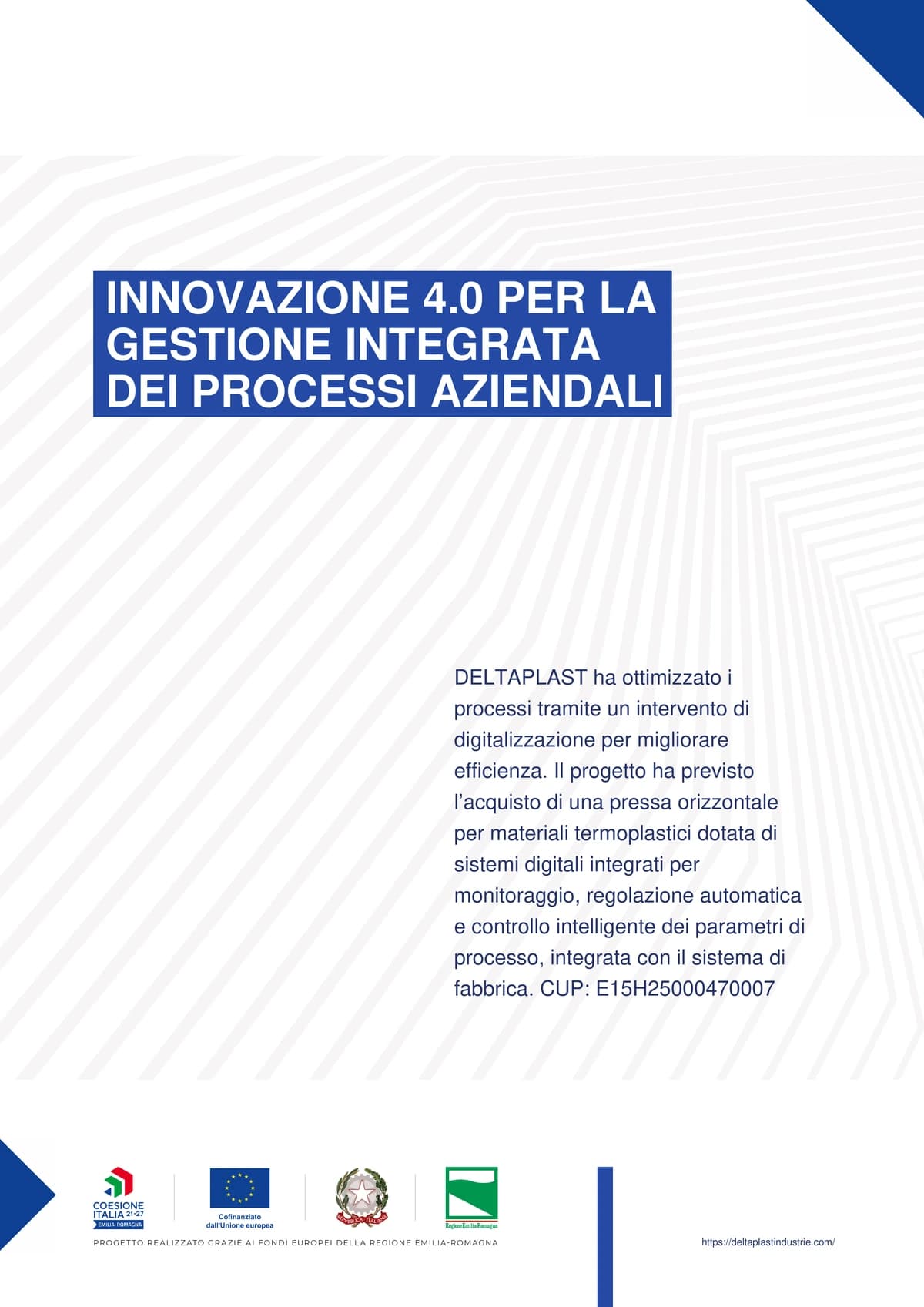 Digital Innovation 4.0 project poster — INNOVAZIONE 4.0 PER LA GESTIONE INTEGRATA DEI PROCESSI AZIENDALI, PR FESR 2021–2027, CUP E15H25000470007