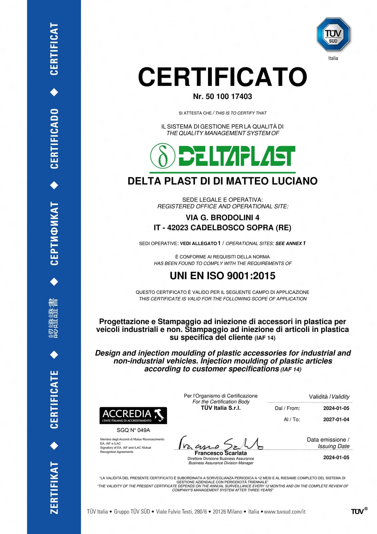 ISO 9001:2015 certificate — Deltaplast quality management system