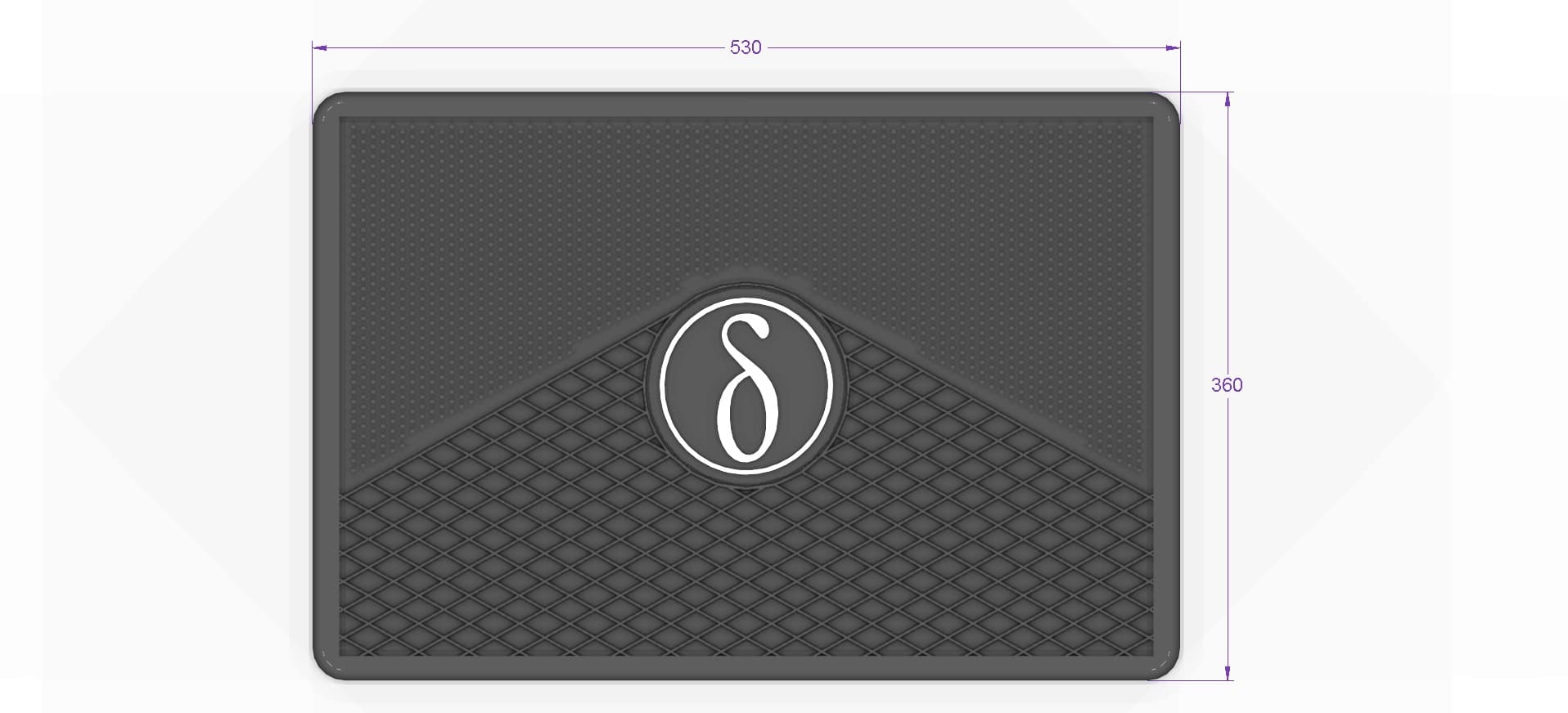 Deltaplast branded car and truck mat, 530 by 360 millimetre technical render with embossed logo