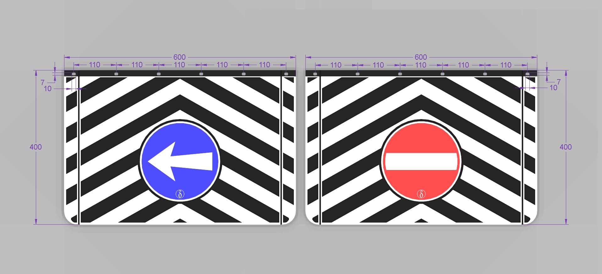 Deltaplast standard mudflap, striped design with relief traffic-sign detail, technical render with dimensions